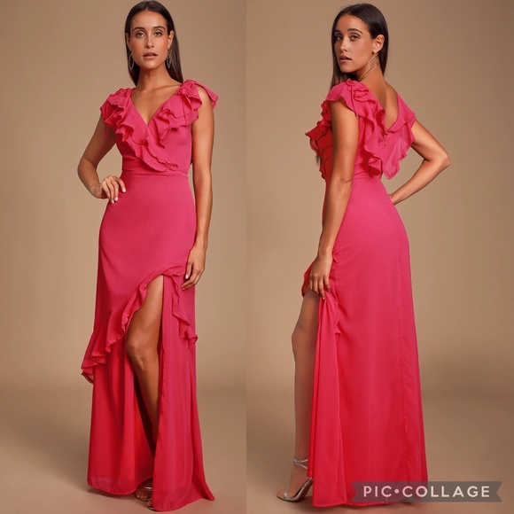 Lulus Love From Above Pink Ruffled Surplice Front Wrap Style Maxi Dress Size S